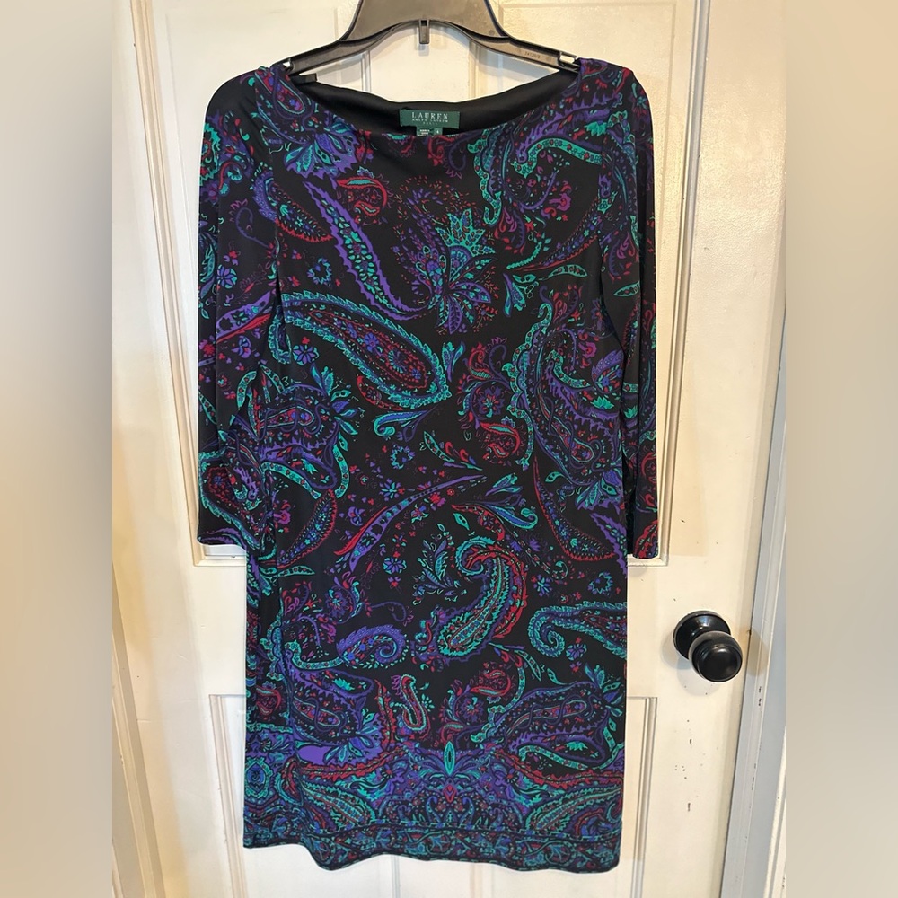 Lauren Ralph Lauren Sheath Dress  Red, Green, Black, Purple Paisley Lined Size 4